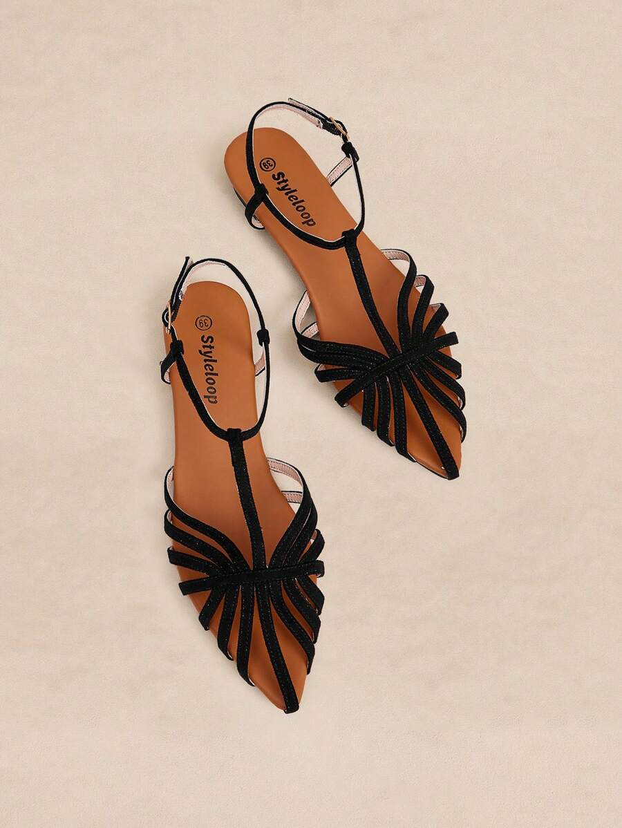 Rosivie 2025年新款镂空编织罗马凉鞋，女士平底封闭式鞋头带扣沙滩休闲鞋 - 黑色 - 查看 1