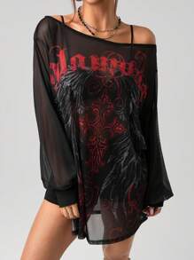 SHEIN ICON Retro Punk Printed Mesh See-Through Wide Shoulder Slit Mini Dress - Black - View 4