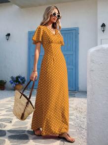 Vivid Eden 波浪纹 V 领短袖修身女装 春夏装、夏装、情人节、女士度假装、女士沙滩装、节日、浪漫优雅服装、波西米亚风、波西米亚风、甜美风、狂欢节装扮、热带度假女装、狂欢节 - 黃色 - 查看 3