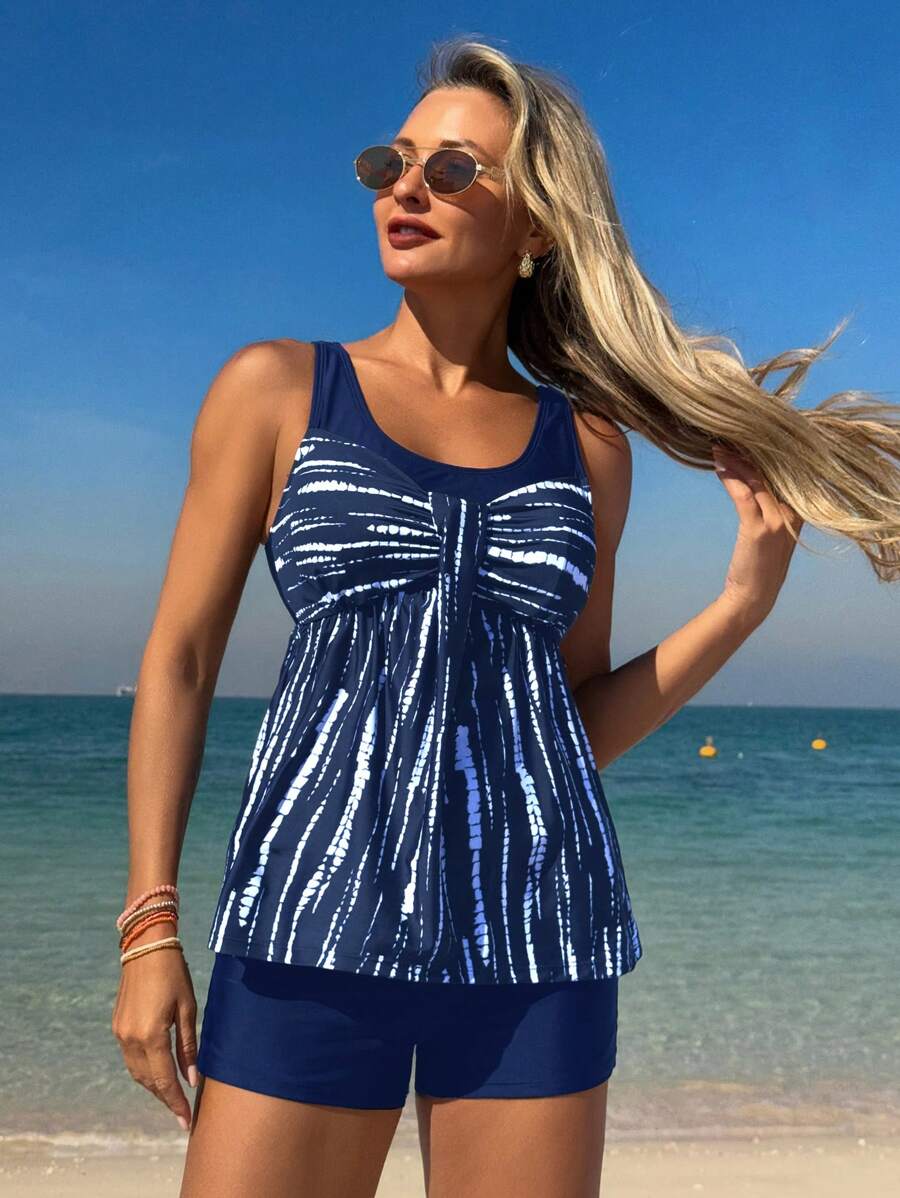 Swim Lushoire 2pcs/Set Women's Black & White Striped Random Tie-Dye Print Bowknot Front Round Neck Wide Strap Top +Black Mid-Waist Swimshorts, Simple Casual Vacation Bikini Set For Summer