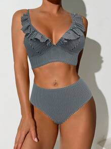 SHEIN Swim Women Striped Ruffled Sexy Bikini Set, Summer Beach Swimwear - Black and White - View 5