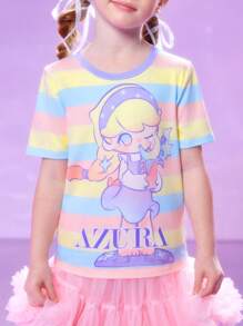 Pop Mart Azura X SHEIN Young Girl Cartoon & Striped Pattern Casual Sweet Cute Short Sleeve T-Shirt