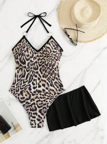 EgrlEra 2 Stücke Set neuer Leoparden-Muster Neckholder Kreuzrücken gebundener Ausschnitt Badeanzug und schwarzer Mini-Rock Strandkleid, für lässigen Urlaub am Strand, Damen - Verschiedenfarbig - Übersicht 6