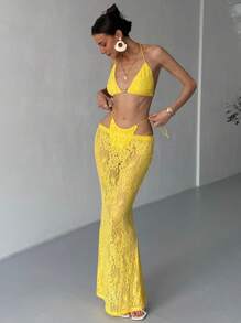 Aloruh Women's Yellow 3 Piece Bikini Set With Skirt Halter Sleeveless Micro Crop Top And Lace Maxi Skirt Co-Ord Set For Summer - Yellow - View 1