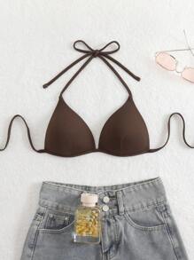 Swim Basics Solid Color Halter Neck Triangle Fashionable Bikini Top For Summer Beach Vacation
