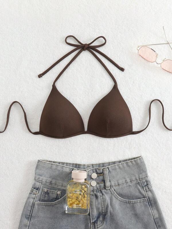 Swim Basics Solid Color Halter Neck Triangle Fashionable Bikini Top For Summer Beach Vacation