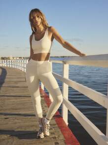 Aralina Leisurewear V Neck Crop Active Workout Top With Contrast Pipping Detail - Apricot - View 5