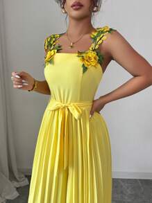 Elenzga Ärmellose Damen-Jumpsuit mit elegantem geraffter Taille Design, floralen gestickten Schulter Details, geeignet für Alltag und Urlaub