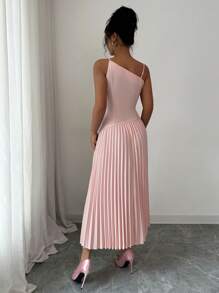 Elenzga Vestido de tirantes elegante, casual/de trabajo/de vacaciones, con plisado en la cintura, de color liso