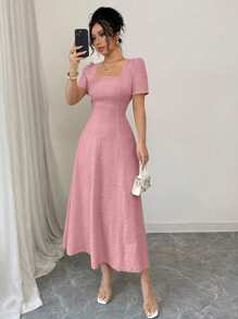 Rafferiza 优雅别致的方领腰部收腰 A 字中长连衣裙，带有纹理细节，无弹力泡泡面料，黄色，适合日常穿着和场合，春夏季 - 粉色 - 查看 6