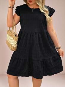 SHEIN VCAY Plus Size Solid Color Casual Short Sleeve Crew Neck Mini Dress,Beach Dress Sundress,Holiday Outfits Boho - Black - View 5