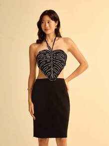 CAJUNI Turtle Bamboo Embroidery Halter Split Hem Casual Mini Dress For Women