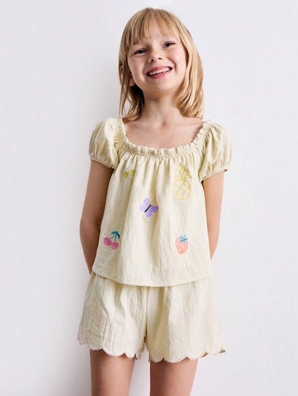 THE HAPPY LOOK Young Girls 2pcs/Set Cute Short Sleeve Ruched Embroidery Top And Shorts Set, Summer