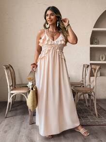 EMERY ROSE 大码女式纯色吊带荷叶边宽松摆优雅浪漫连衣裙，夏季