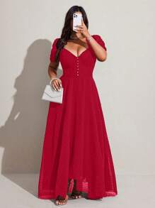 Viva Relle Plus-Size Women's Fabric Buttons Decorated Sexy Short-Sleeved Mid-Length Slimming Dress - Red - View 4