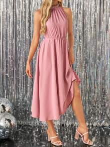 SHEIN Clasi Women's Sleeveless Midi Dress With Pearl Collar Design, Suitable For Wedding, Spring/Summer, Pink