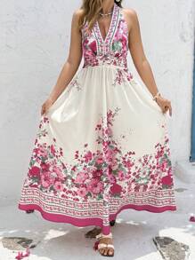 SHEIN Clasi Vestido con estampado floral fruncido de escote halter y espalda descubierta para vacaciones de verano, tallas grandes - Albaricoque - Ver 4
