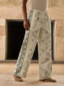 Anewsta Men's Casual Retro Cashew Flower Print Wide Leg Pants