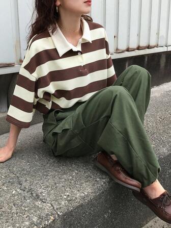 FRIFUL Women's Loose Striped T-Shirt, Polo Collar, Short Sleeve, Casual Summer Wear,Back To School Clothes