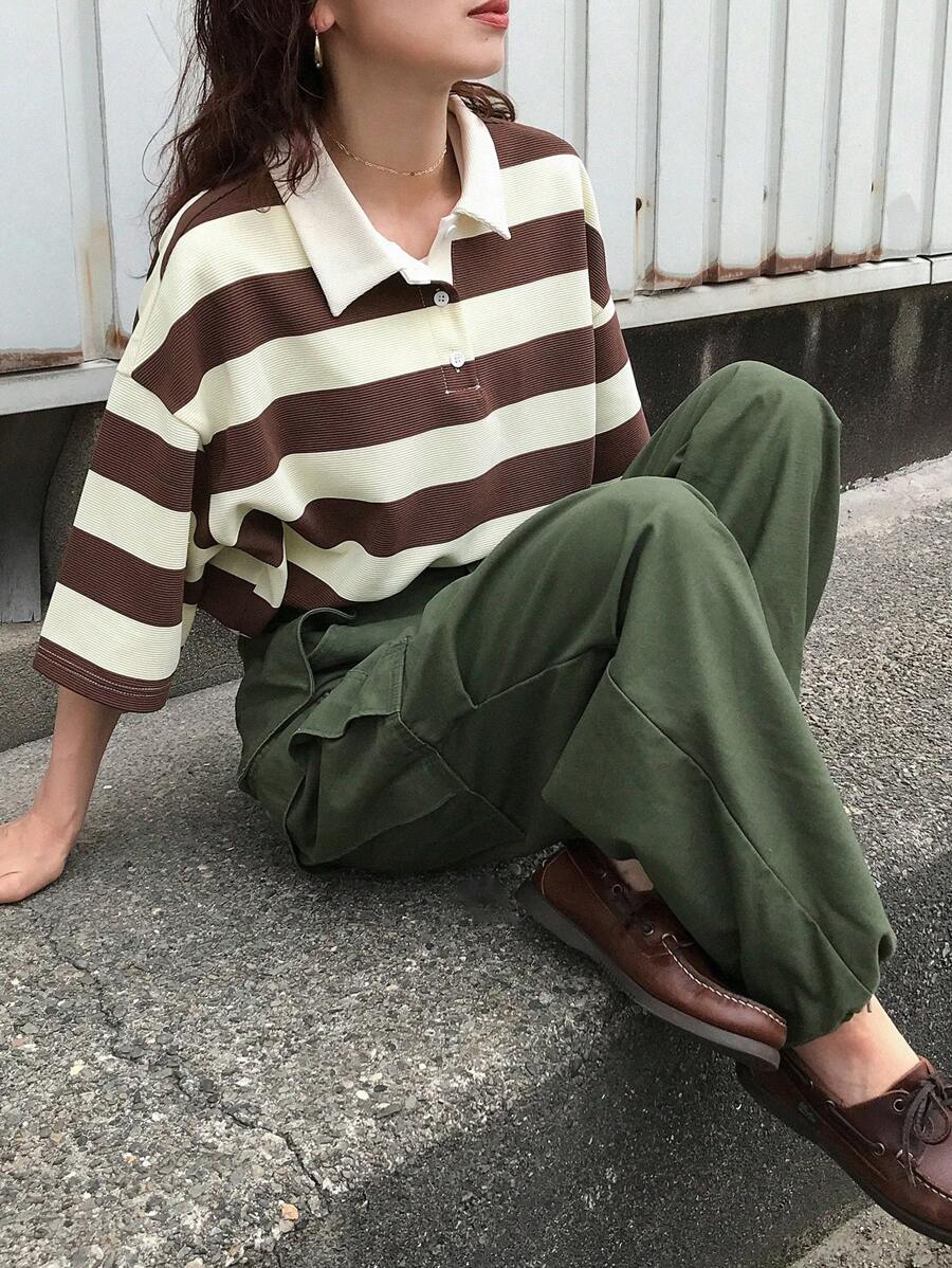 FRIFUL 女士宽松条纹 T 恤，Polo 领，短袖，休闲夏装，返校服装 - 棕色 - 查看 1