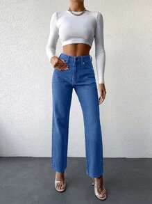 SHEIN PETITE Jeans Rectos De Talle Alto