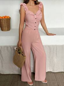 EURMUSE Solid Tank Top & Wide Leg Pants, Fake Buttons Look Satin Set - Pink - View 4