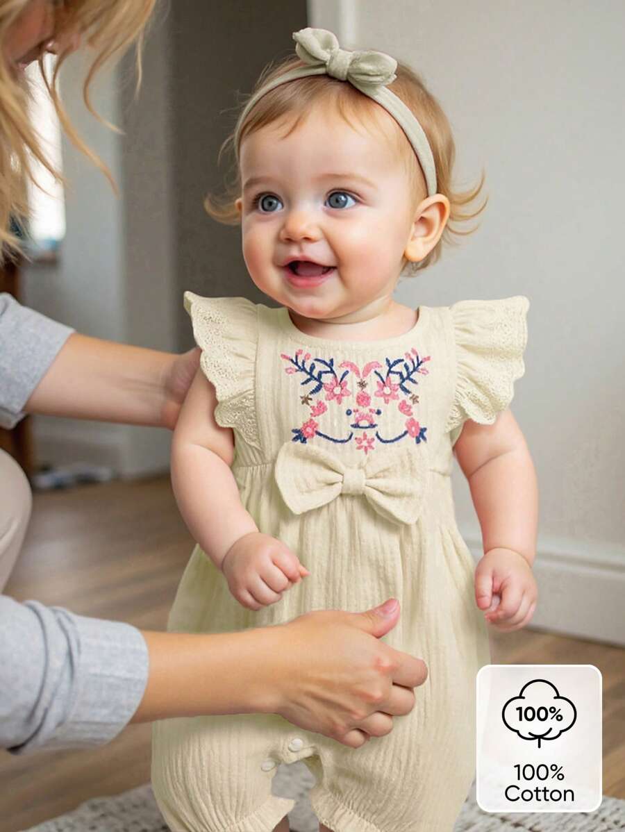 Infant Girls' Korean Style Casual Embroidered Flower & Ruffle Double-Layered Romper, Summer