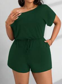 SHEIN PETITE CURVE 女式大码夏季休闲露肩短袖连体裤 - 墨綠色 - 查看 6