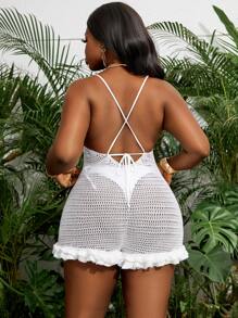 Slaydiva Plus Size Women Solid Color Hollow Out Ruffle Hem Spaghetti Strap Romper For Summer Beach Vacation