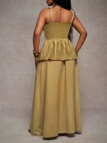 Slaydiva 2025 Spring/Summer New Elegant Vacation Solid Khaki Color Spaghetti Strap Fitted Bodice With Flared Skirts Skirt, Plus Size - Khaki - View 2