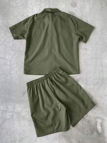 STYNVO Bộ 2 món/Bộ áo sơ mi tay ngắn khóa kéo thường ngày cho nam và quần short dây rút - xanh quân đội - Xem 2