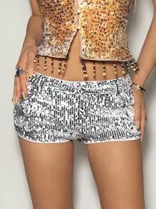 SHEIN ICON Glitter Sequin Super Low Waist Skinny Booty Shorts - Silver - View 1