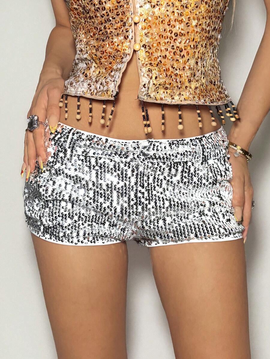 SHEIN ICON Glitter Sequin Super Low Waist Skinny Booty Shorts - Silver - View 1