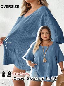 SHEIN CURVE+ 大码女式夏季纯色圆领半袖宽松休闲衬衫夏季/乡村/海滩度假装/沙滩装/沙滩装