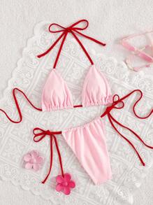 Swim Mod 2pcs/Set New Summer Solid Color Sexy Backless Halter Tie Women Swimsuit Set - Pink - View 1
