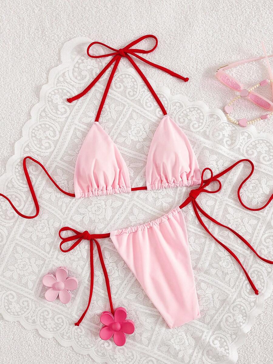 Swim Mod 2pcs/Set New Summer Solid Color Sexy Backless Halter Tie Women Swimsuit Set - Pink - View 1