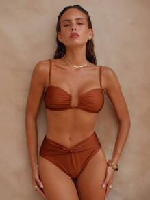 Swim Chiccia 2件組女款素色比基尼泳衣套裝，可調式肩帶、U型鏤空可拆卸式短版上衣與高腰泳褲，適合夏季海灘度假 - 鏽棕色 - 查看 4
