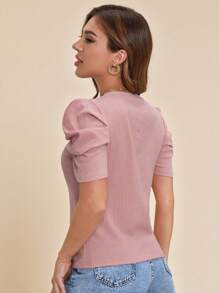 SHEIN Clasi Women's Puff Sleeve Round Neck With Textured Fabric Pink Tee