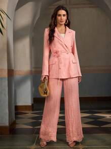 ZEYLAH 100% LINEN ELEGANT WIDE LEG PANTS WITH LACE HEM, PLEATED, FOR SPRING/SUMMER - Pink - View 5