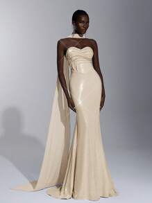 Elitara 优雅紫色奢华串珠 V 领褶皱紧身胸衣和美人鱼下摆礼服，适合女士晚会礼服 - 杏色 - 查看 7