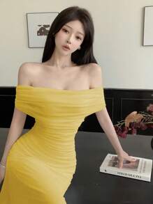 Modelyn Women's Elegant Mesh Off Shoulder Cinched Waist Ruffle Dress For Weddings, Dates