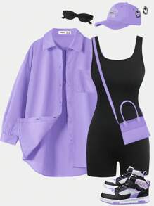 SHEIN Girlism 青少年女孩宽松长袖衬衫、合身吊带背心和短裤两件套，休闲 - 淡紫色 - 查看 1