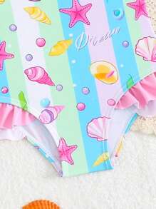 SHEIN GraphicGems Baby Girl Starfish Printed Ruffled One-Piece Beach Swimsuit Swimsuit Set For Baby Girl One Piece Bathing Suit For Baby Girl Bathing Suits For Baby Swimming Suits For Baby S Swimsuits For Baby