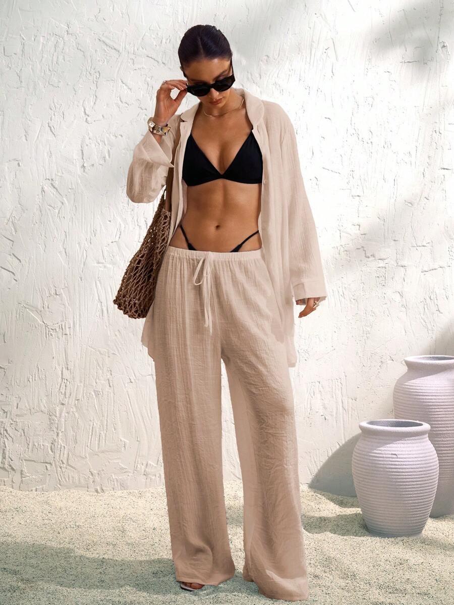 Swim Chiccia 1 件女式宽松度假海滩罩衫，轻盈半透明和服风格 - 卡其色 - 查看 1