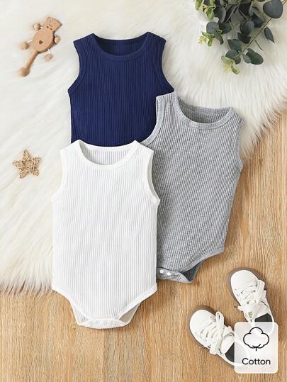 SHEIN Vintaside Kids 3pcs Baby Boy Summer Casual 3-Piece Set, Includes Vest Bodysuit, Soft & Comfortable Fabric, Suitable For Vacation, Outing, School, Daily Gatherings, Spring/Summer Holidays