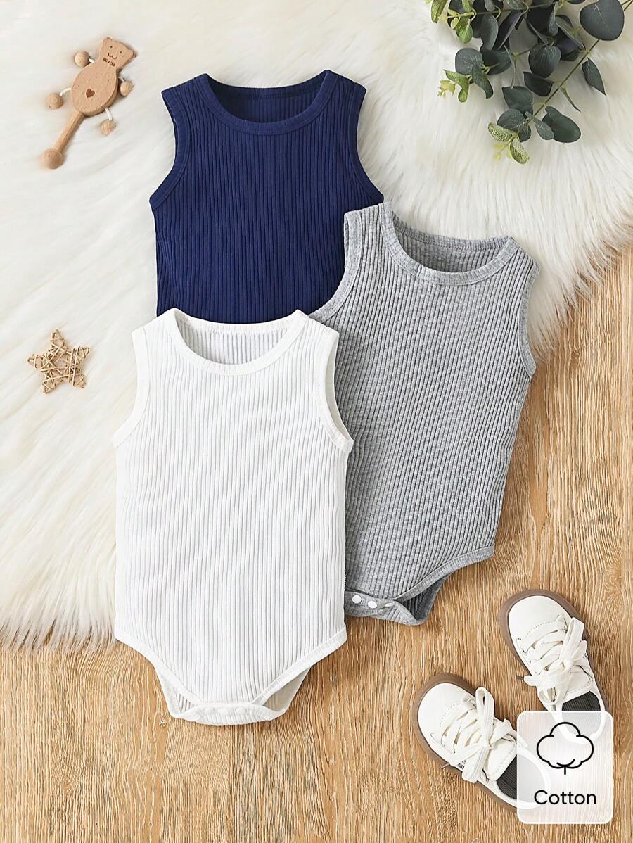 SHEIN Vintaside Kids 3件組男嬰夏季休閒套裝,包含背心連身衣,柔軟舒適棉質面料,深藍色與白色,親子穿搭度假出遊套裝 - 寶藍色 - 查看 1