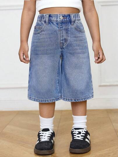 SHEIN Young Girl Y2K Basic Relaxed Blue Denim 3/4 Pants,Spring And Summer Casual Vacation Country Boho Wear