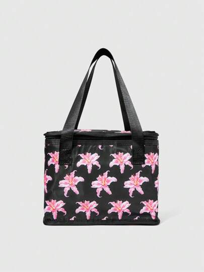 Kawaii 1pc Pink Orchid Flower Print Kawaii Stylish Large Capacity Insulated Waterproof Lunch Bag, Suitable For Back To School Season And Picnics