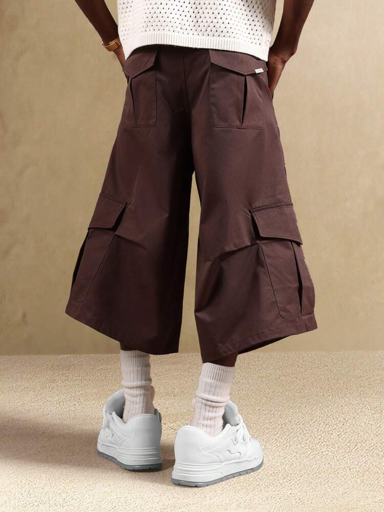 Wide Leg Baggy Twill Knee Length Cargo Shorts