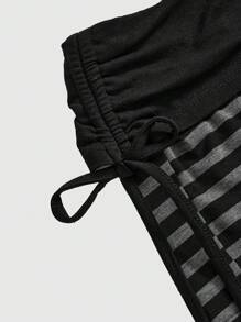 ROMWE Punk Style Vintage Music Festival Striped Contrast Color Drawstring Super Short Women Shorts - Black - View 3